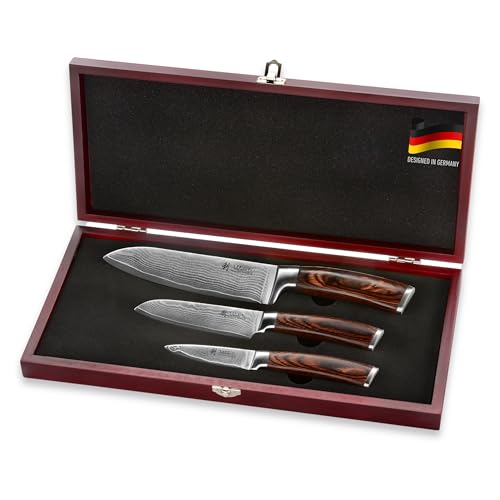 Wakoli EDIB 3er Damastmesser Set I Damast Messer mit 8-17cm Klingen gefertigt aus 67 Lagen echtem Damaststahl mit Pakkaholzgriff I Premium Damast Küchenmesser Set in hölzerner Geschenkbox von Wakoli