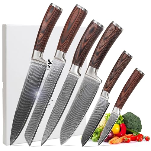 Wakoli EDIB 6er Damastmesser-Set mit individueller Gravur I 8-20 cm Klingen gefertigt aus 67 Lagen echtem Damaststahl mit Pakkaholzgriff I Premium Damast Küchenmesserset mit persönlicher Gravur von Wakoli
