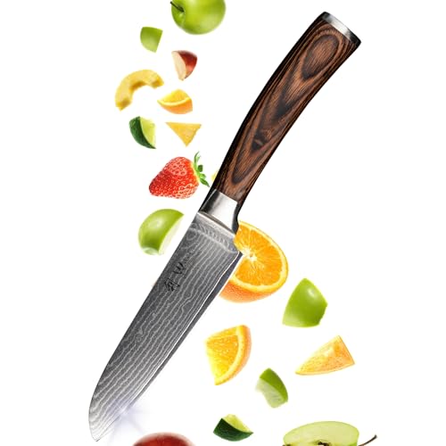 Wakoli EDIB Damastmesser kleines Santoku Messer mit scharfer 12 cm Klinge gefertigt aus 67 Lagen echtem Damaststahl mit Pakkaholzgriff I Premium Damast Küchenmesser & Kochmesser in Geschenkverpackung von Wakoli