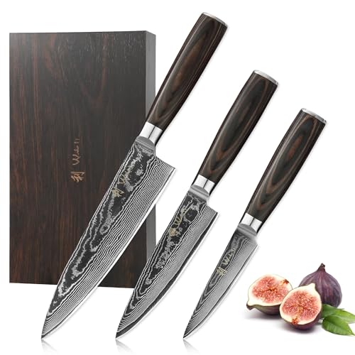 Wakoli EDIB Essentials Damastmesser Set 3-teilig I Chefmesser, kl. Chefmesser und Gemüsemesser Allzweckmesser aus 67 Lagen Damaststahl VG10 Kern 60±1 HRC I Fingerschutz I Küchenmesser Set in Holzbox von Wakoli