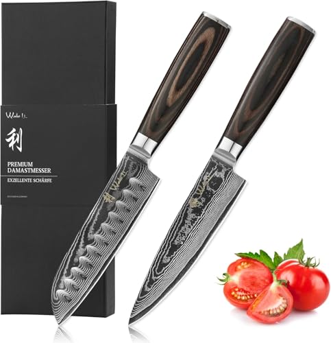 Wakoli EDIB Essentials 2er Damastmesser-Set - 12cm & 13cm Klingen aus 67 Lagen Damaststahl - Holzgriff - Inklusive Geschenkbox & Fingerschutz - Premium Chef- und Santokumesser von Wakoli