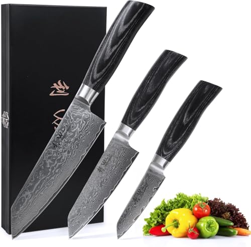 Wakoli EDIB Pro Black 3er Kiritsuke Damastmesser-Set – 17, 12 und 9 cm Klingen, 67 Lagen Damaststahl mit VG10-Kern, dunkle Pakkaholzgriffe, ergonomisch, in Holzbox – Profi Küchenmesserset Wakoli EDIB Pro Black 3er Kiritsuke Damastmesser-Set – 17, 12 und 9 cm Klingen, 67 Lagen Damaststahl mit VG10-Kern, dunkle Pakkaholzgriffe, ergonomisch, in Holzbox – Profi Küchenmesserset von Wakoli