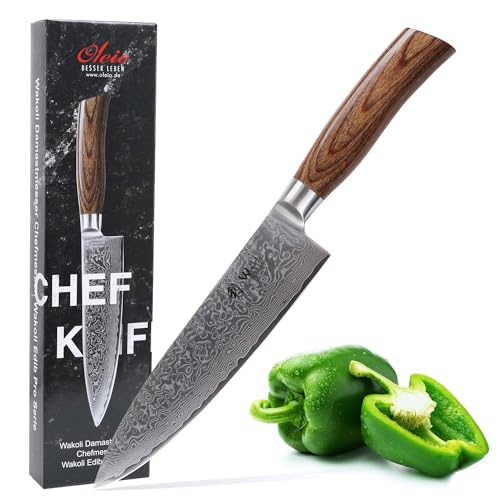 Wakoli EDIB Pro Premium Damast Chefmesser mit 20 cm Klinge gefertigt aus 67 Lagen echtem Damaststahl mit Pakkaholzgriff I Damastmesser Küchenmesser und Profi Kochmesser von Wakoli