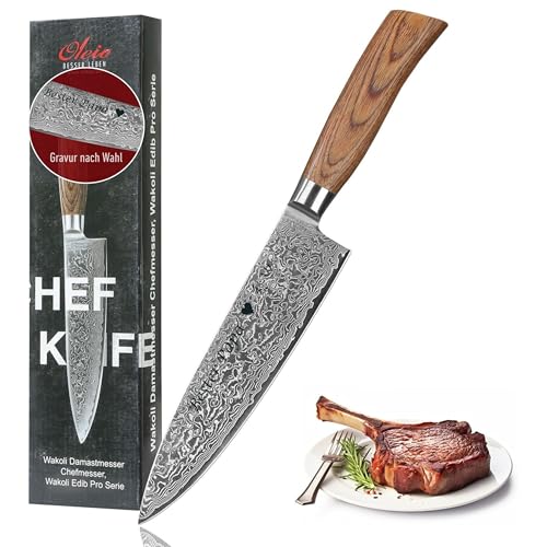 Wakoli EDIB Pro Damast Chefmesser mit Gravur – Personalisiertes Messer, 20 cm Klinge aus 67 Lagen Damaststahl (VG10-Kern), ergonomischer Pakkaholzgriff – Profi Kochmesser in Geschenkbox von Wakoli
