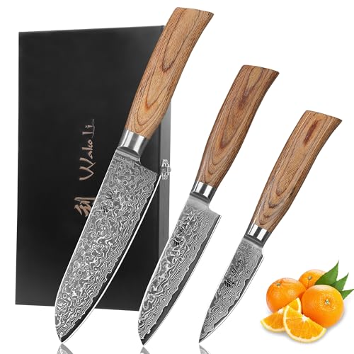 Wakoli EDIB Pro Premium 3er Damastmesser-Set mit 8-16 cm Klingen gefertigt aus 67 Lagen echtem Damaststahl mit Pakkaholzgriff und Holzbox I Damastmesser Küchenmesserset und Profi Kochmesser von Wakoli