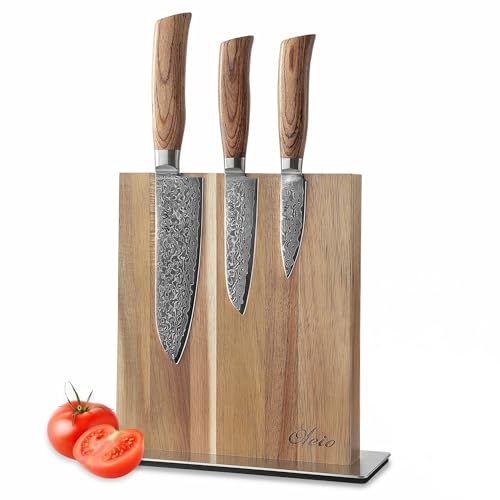 Wakoli EDIB Pro Premium 3er Damastmesser-Set mit Messerblock I 8,5-16 cm Klingen gefertigt aus 67 Lagen echtem Damaststahl mit Pakkaholzgriff und Holzbox I Küchenmesserset mit magnetischem Messerbrett von Wakoli