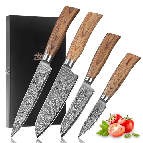 Wakoli EDIB Pro Damast Messer Set 4-teilig aus 67 Lagen Damaststahl mit VG10-Kern & Pakkaholzgriff – Küchenmesser Set mit Santoku, Officemesser & Fleischmesser Messerset in Geschenkbox von Wakoli