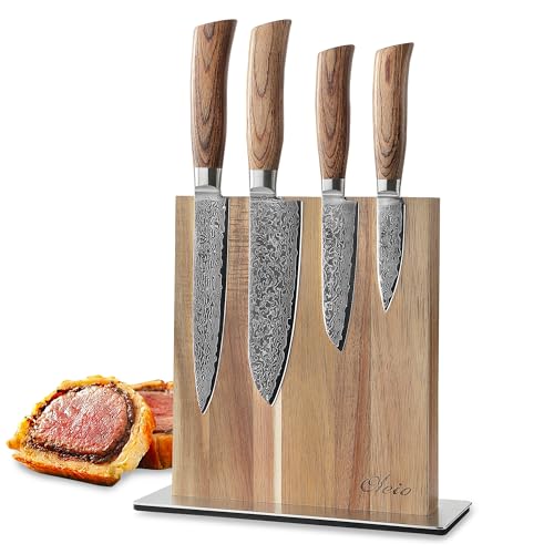 Wakoli EDIB Pro 4-teiliges Damastmesser-Set mit magnetischem Messerblock | 8,5–17 cm aus 67 Lagen Damaststahl mit VG10-Kern | ergonomischer Pakkaholzgriff | für Fleisch & Gemüse, Profi- & Hobbyköche von Wakoli