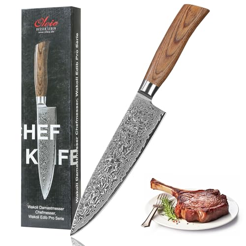 Wakoli EDIB Pro Damastmesser, Kochmesser Profi Messer, Damast Küchenmesser mit Geschenkbox, aus 67 Lagen hochwertigem Damaststahl und VG10-Kern, Fleischmesser extrem Scharf von Wakoli