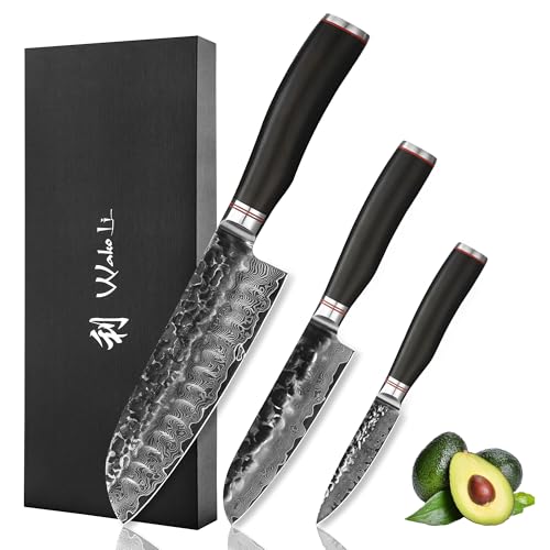 Wakoli Ebo 3er Damastmesser Set mit 9-18cm Klingen mit Hammerschlag gefertigt aus 67 Lagen echtem Damaststahl mit schwarzem Eichenholzgriff I Premium Damast Küchenmesserset Wakoli Ebo 3er Damastmesser Set mit 9-18cm Klingen mit Hammerschlag gefertigt aus 67 Lagen echtem Damaststahl mit schwarzem Eichenholzgriff I Premium Damast Küchenmesserset von Wakoli