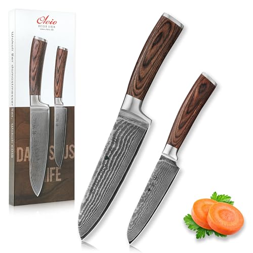 Wakoli Edib 2er Damastmesser Set mit Gravur – Personalisiertes Messer-Set, großes & kleines Santoku (17 / 12 cm), 67 Lagen Damaststahl (VG10-Kern), Pakkaholzgriff, Geschenkbox von Wakoli