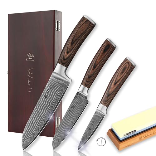 Wakoli EDIB 3er Damastmesser Set mit Schleifstein – Premium Küchenmesser Set mit 67 Lagen Damaststahl, VG10-Kern und Pakkaholzgriff – Ideal für Profiköche, in Geschenkbox von Wakoli