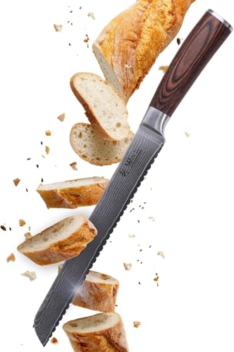 Wakoli EDIB Damast Brotmesser mit 23 cm Wellenschliff-Klinge aus 67 Lagen Damaststahl und VG10-Kern Damastmesser Brotschneidemesser Damast Küchenmesser mit Pakkaholzgriff in Geschenkbox von Wakoli