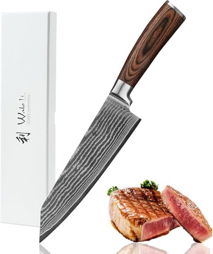 Wakoli Damastmesser EDIB Kiritsuke Chefmesser mit 20 cm Klinge aus 67 Lagen Damaststahl mit VG10-Kern, scharfes Profi-Küchenmesser mit Pakkaholzgriff, Gravur möglich, in Geschenkbox von Wakoli
