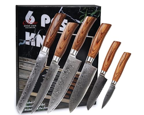 Wakoli EDIB Pro Premium 6er Damastmesser-Set mit 8-20 cm Klingen gefertigt aus 67 Lagen echtem Damaststahl mit Pakkaholzgriff und Holzbox I Damastmesser Küchenmesserset und Profi Kochmesser von Wakoli