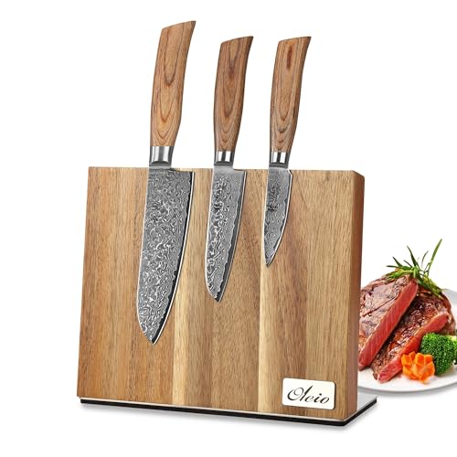 Wakoli Edib Pro Premium 3er Damastmesser-Set mit Messerblock I 8-16 cm Klingen gefertigt aus 67 Lagen echtem Damaststahl mit Pakkaholzgriff und Holzbox I Küchenmesserset mit magnetischem Messerbrett von Wakoli