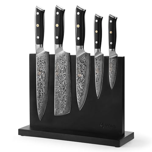 Wakoli Elite Cuisine I 6-teiliges Damast Küchemesser-Set mit magnetischem Messerblock & 5 Damastmessern I Klingen von 9-20 cm gefertigt aus Damaststahl mit Griffen aus G10 I Damastmesser-Set von Wakoli