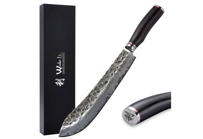 Wakoli Fleischmesser EBO Damast Blockmesser I 25 cm Klinge I schwarzer Eichenholzgriff, aus 67 Lagen Damaststahl, VG10 Kern von Wakoli