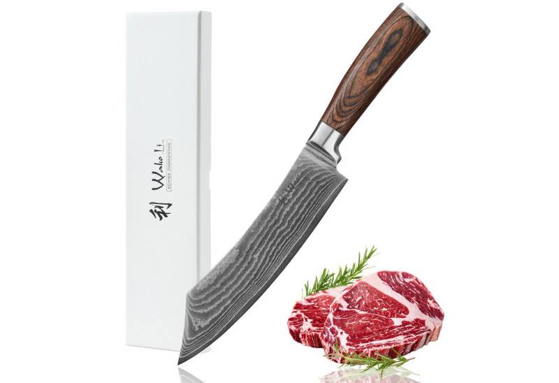 Wakoli Fleischmesser Edib Damast BBQ- & Blockmesser I Kochmesser Küchenmesser I 20cm Klinge, 67 Lagen Damaststahl, VG-10 Stahlkern von Wakoli