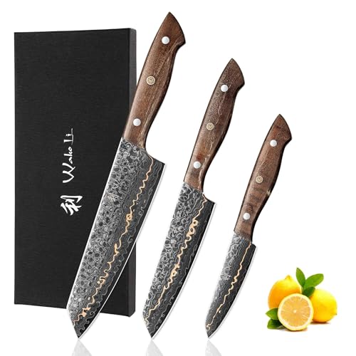 Wakoli Kawa Serie 3er Messerset I Damastmesser mit Kupfereinlage (9-18 cm) I VG-10 Stahlkern & ergonomische Griffe I Hochwertiges Küchenmesserset in Geschenkbox für Fleisch, Fisch & Gemüse von Wakoli