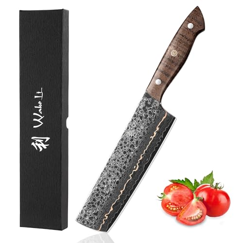 Wakoli Kawa Serie Damastmesser Nakiri I 18 cm Klinge mit Kupfereinlage I VG-10 Stahlkern & eleganter Ahornwurzelholzgriff I Edles Damast Küchenmesser in Geschenkbox I Perfekt für Gemüse & Kräuter von Wakoli