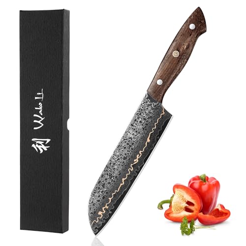 Wakoli Kawa Serie Santoku Messer 18 cm | 67 Lagen Damaststahl mit VG-10 Kern & Kupfereinlage | Kochmesser Full Tang Konstruktion | Ahornwurzelholzgriff | Küchenmesser in Geschenkbox von Wakoli