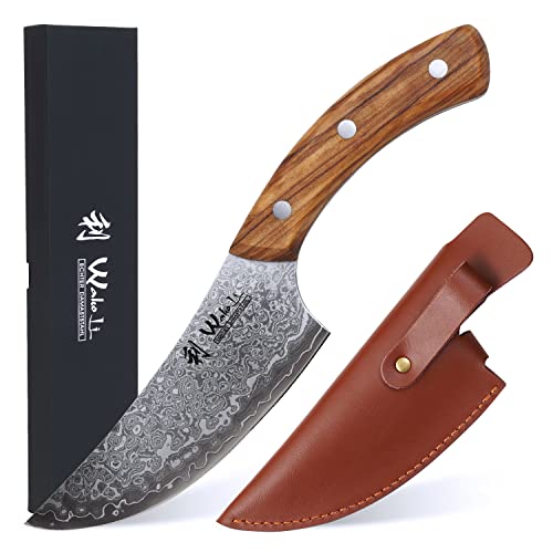 Wakoli Kleines Chefmesser 13 cm Klinge I Scharfes Küchenmesser und Profi Kochmesser aus AUS-10 Stahl mit Olivenholzgriff und Klingenschutz aus Leder von Wakoli