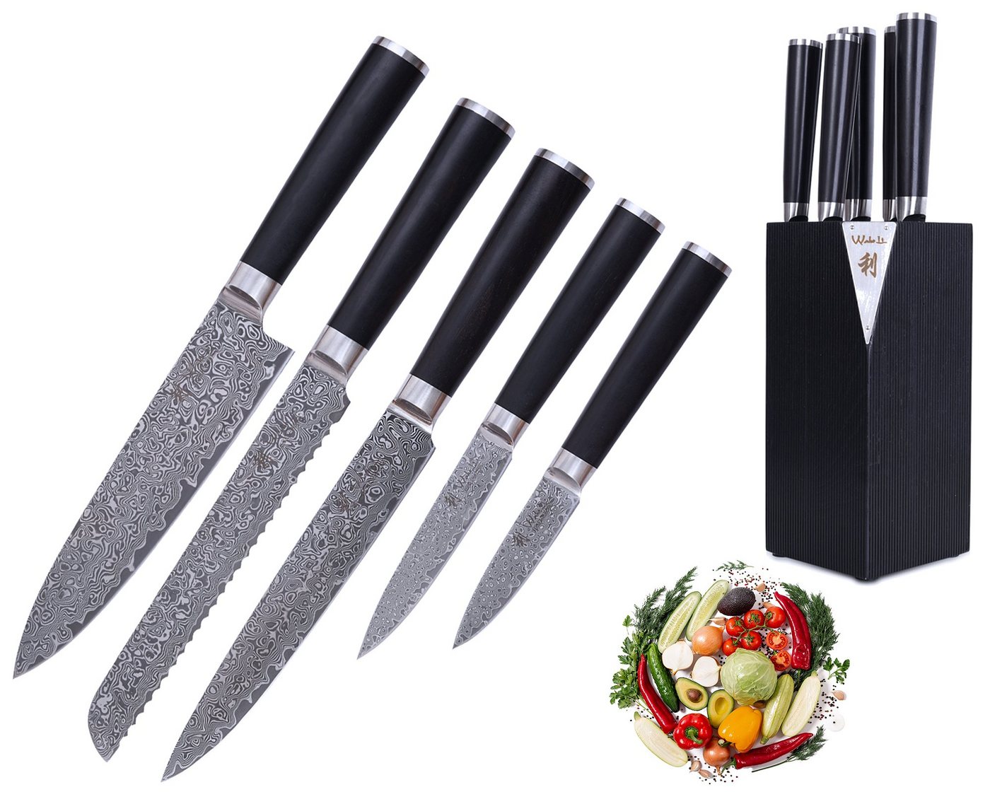 Wakoli Magnet-Messerblock Culinary Noir 6-teiliges Set I 5 Damast Küchenmesser und Einsteckblock von Wakoli