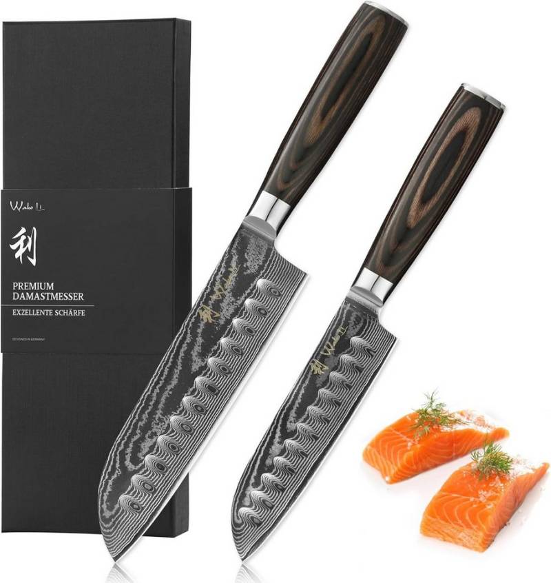 Wakoli Messer-Set 2er Damast Santokumesser-Set Küchenmesser Kochmesser mit Fingerschutz (Damastmesser mit Geschenkbox, 2-tlg., 2er Santokumesser-Set), VG10 Kern, 67 Lagen Damaststahl, Pakkaholzgriff, inkl. Geschenkbox von Wakoli