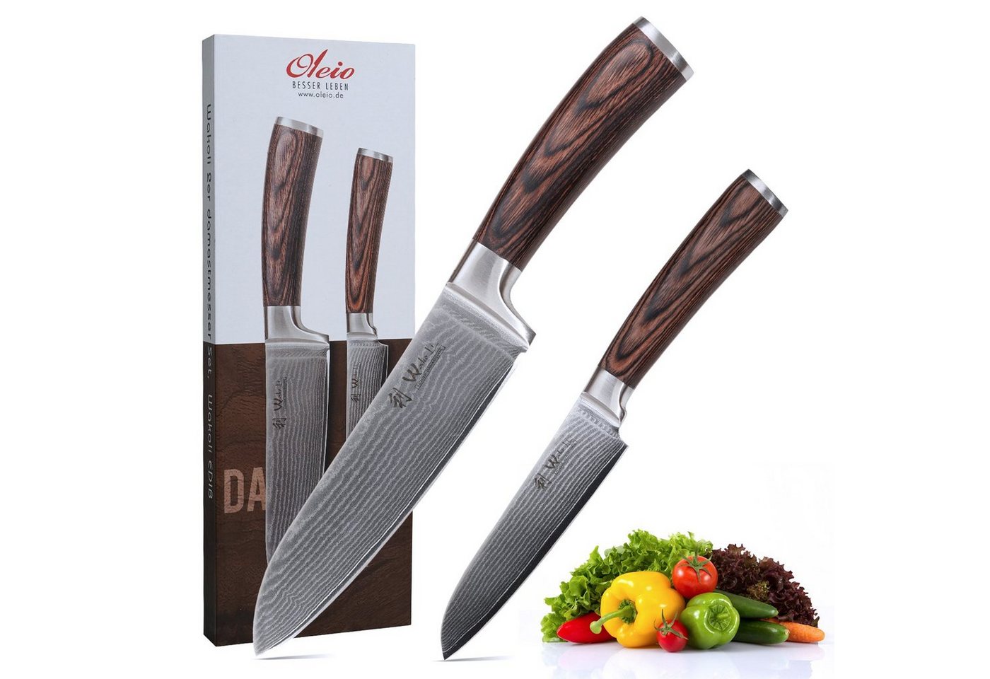 Wakoli Messer-Set EDIB Santoku Set I Kochmesser Küchenmesser-Set I 12 und 17cm Klingen (Damastmesser mit Geschenkbox, 2-tlg., 2er Damastmesser-Set), 67 Lagen Damaststahl, VG-10 Stahlkern von Wakoli
