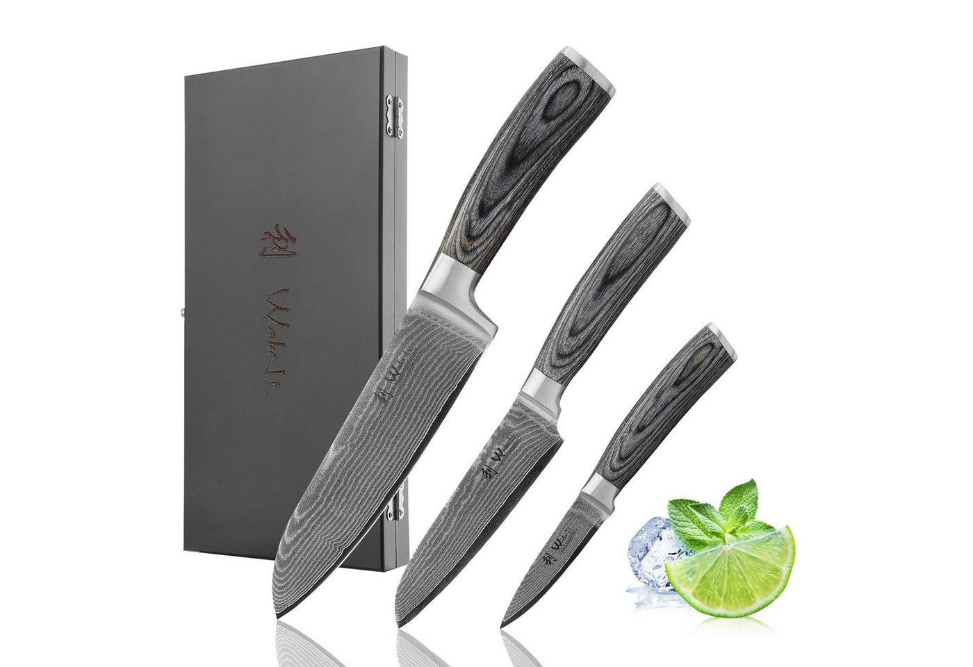 Wakoli Messer-Set EDIS 3er Damastmesser-Set I Küchenmesser Kochmesser I 8-17cm Klingen (3er Damastmesser, 3-tlg., 3er Damastmesser-Set), aus 67 Lagen Damaststahl, VG-10 Stahlkern von Wakoli