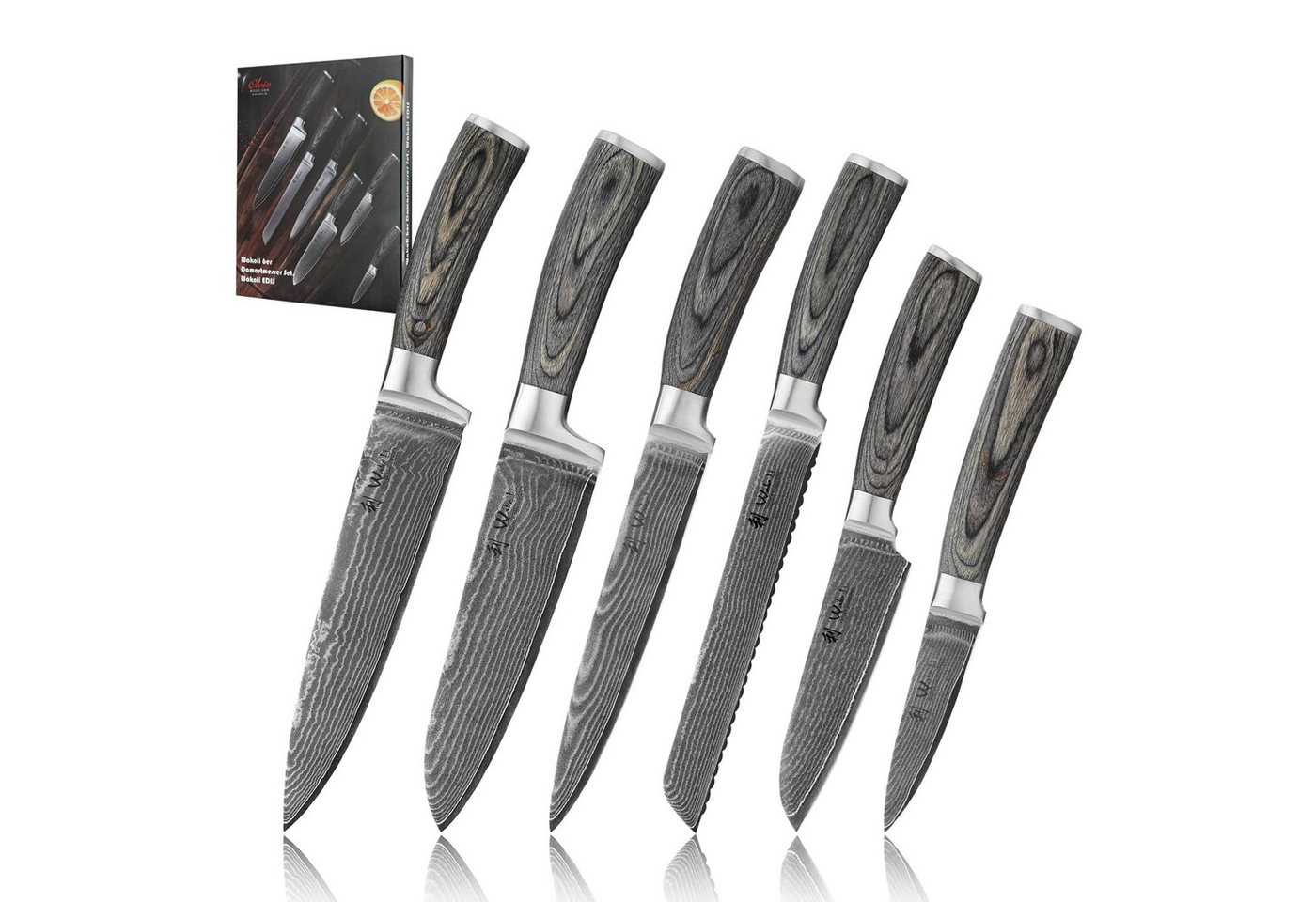Wakoli Messer-Set EDIS 6er Damastmesser-Set I Küchenmesser Kochmesser I 8-20 cm Klingen (Damastmesser mit Geschenkbox, 6-tlg., 6er Damastmesser-Set), aus 67 Lagen Damaststahl, VG-10 Stahlkern von Wakoli