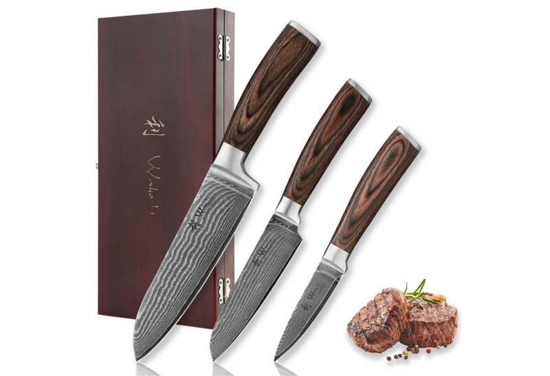 Wakoli Messer-Set Edib 3er Damastmesser-Set I Kochmesser Küchenmesser I 8 -17cm Klingen (Küchenmesser Set in Holzbox, 3-tlg., 1x Santoku, 1x Santoku klein, 1x Spickmesser), VG10 Kern,langanhaltende Schärfe,ergonomischer Griff von Wakoli