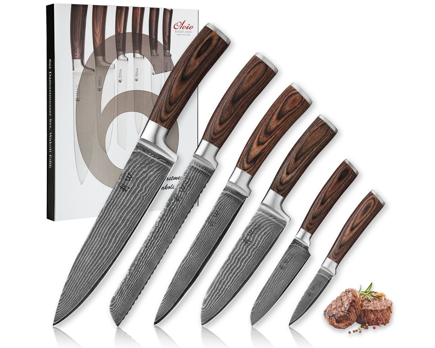 Wakoli Messer-Set Edib 6er Damastmesserset I Küchenmesser Kochmesser I 8 - 20 cm Klingen (Damastmesser mit Geschenkbox, 6-tlg., 6er Damastmesser-Set mit Geschenkbox), 67 Lagen Damaststahl, VG-10 Stahlkern von Wakoli