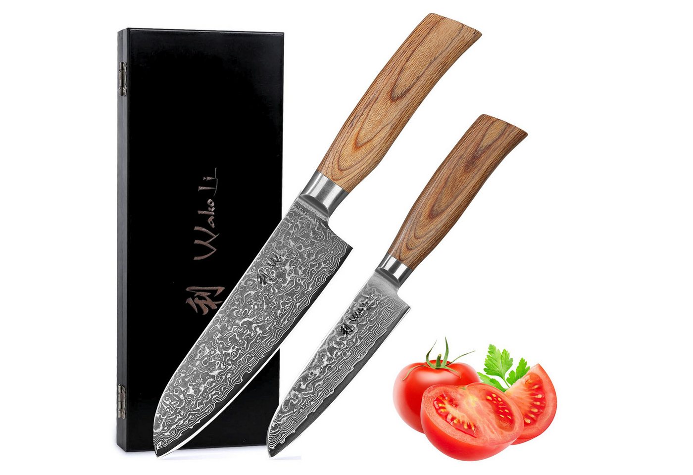Wakoli Messer-Set Edib Pro 2 Damastmesser I Kochmesser Küchenmesser I 16 & 11cm Klinge (Damastmesser mit Geschenkbox, 2-tlg., 2er Damastmesser-Set), 67 Lagen Damaststahl, VG-10 Stahlkern von Wakoli
