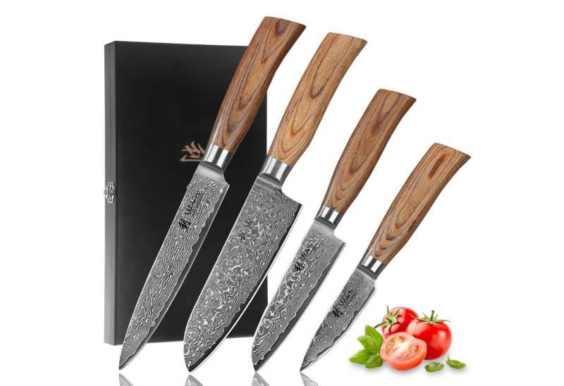 Wakoli Messer-Set Edib Pro 4 Damastmesser I Kochmesser Küchenmesser I 8-17cm Klingen (Damastmesser mit Geschenkbox, 4-tlg., 4er Damastmesser-Set mit Holzbox), 67 Lagen Damaststahl, VG-10 Stahlkern von Wakoli