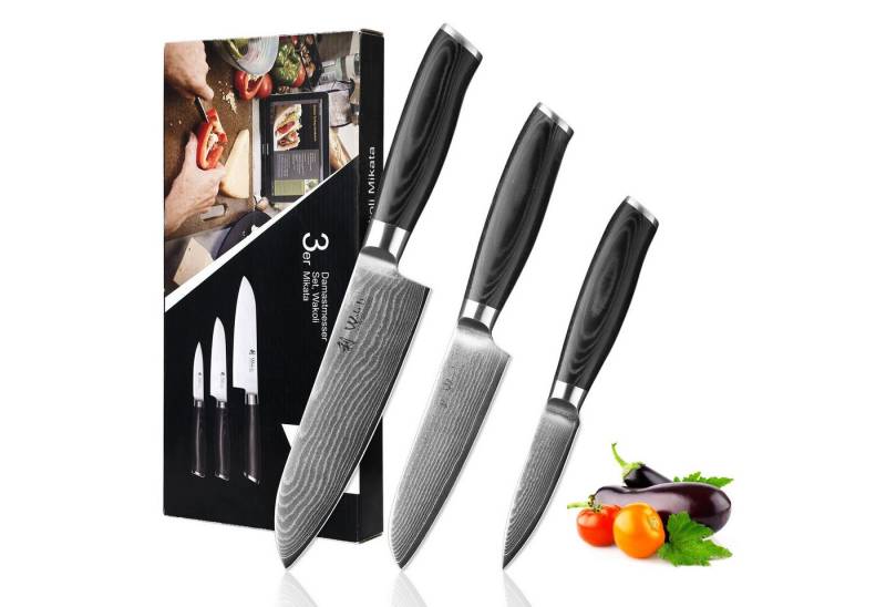 Wakoli Messer-Set Mikata 3er Damast Küchrnesser Set Klingenlängen von 8 bis 17 cm (Damastmesser mit Geschenkbox, 3-tlg., 3er Damastmesser Set), VG10 Kern,langanhaltende Schärfe,ergonomischer Griff von Wakoli