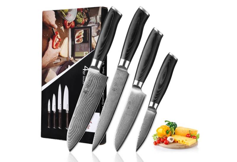 Wakoli Messer-Set Mikata 4er Damast Küchenmesser Set Klingen 8 bis 18 cm (Damastmesser mit Geschenkbox, 4-tlg., 4er Damastmesser Set), VG10 Kern, langanhaltende Schärfe, ergonomischer Griff von Wakoli