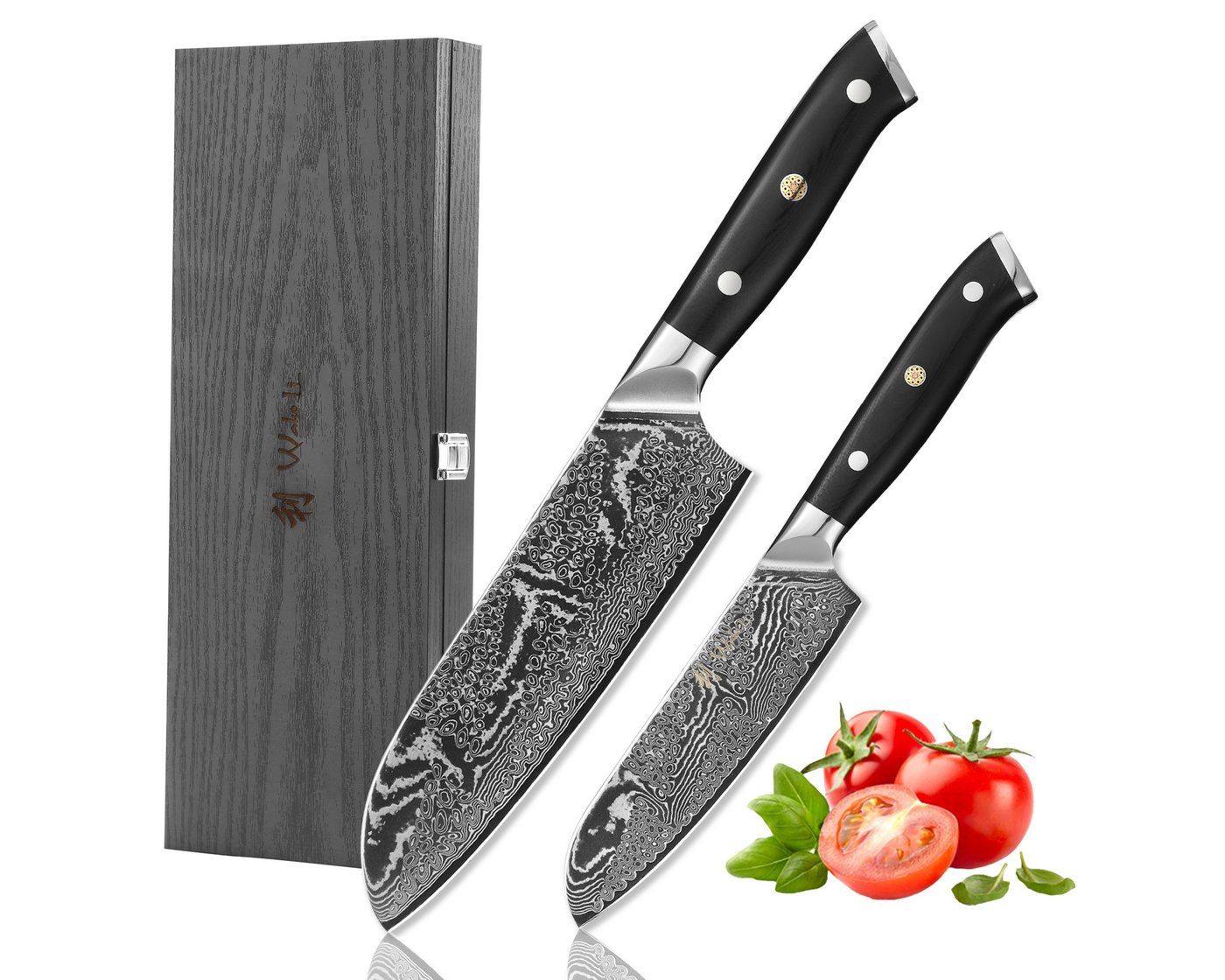 Wakoli Messer-Set Nitoko 2er Set Damast Profi Santoku Küchenmesser Full Tang G10 Griff von Wakoli