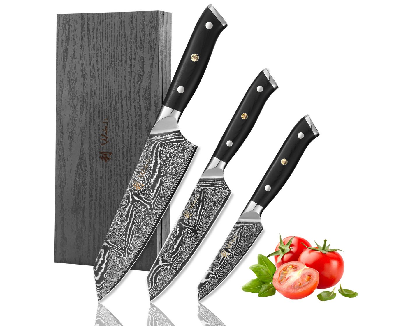 Wakoli Messer-Set Nitoko 3er Kiritsuke Damastmesser-Set Full Tang G10 Griffe von Wakoli