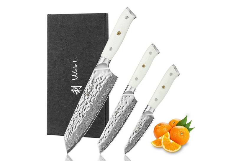 Wakoli Messer-Set Perle Blanche Damast 3-tlg.Küchenmesserset G10 Griffe in Geschenkbox (3er Damastmesser-Set, 3-tlg., 3er Damastmesser-Set), Hammerschlag-Klinge, Full-Tang-Griff von Wakoli