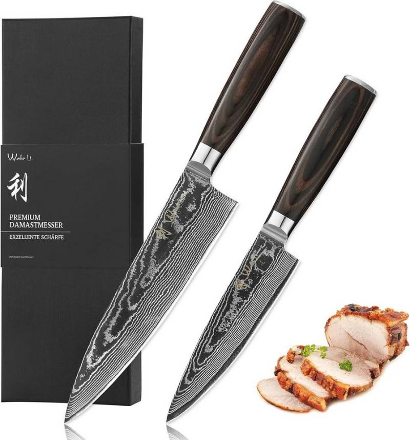 Wakoli Messer-Set EDIB Essentials 2er Set Damast Chefmesser I 13 und 20 cm I Pakkaholzgr (Damastmesser mit Geschenkbox, 2-tlg), 67 Lagen Damaststahl, VG-10 Stahlkern von Wakoli