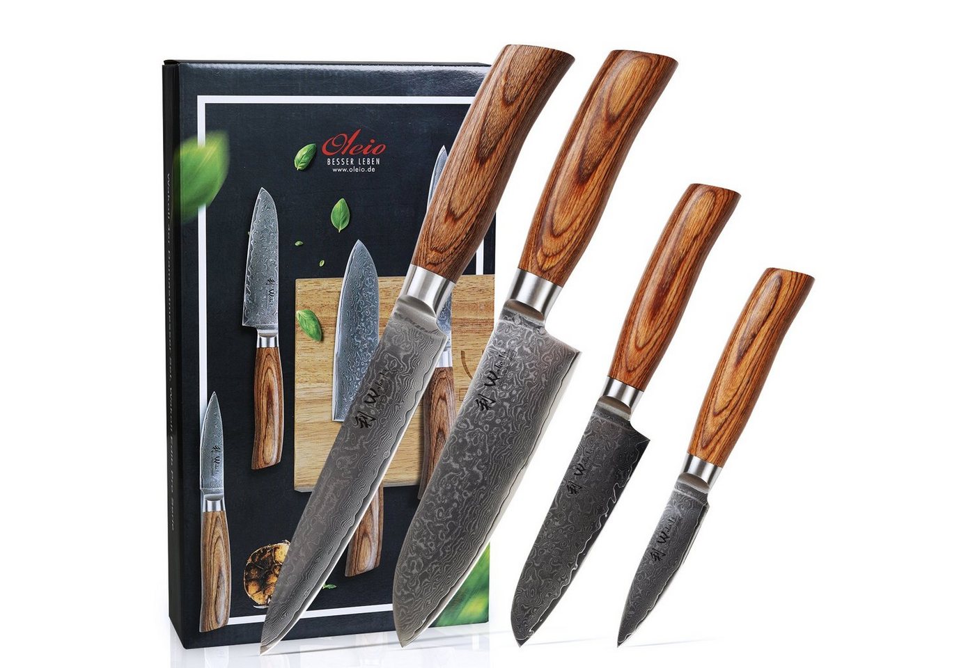 Wakoli Messer-Set Edib Pro 4er Damastmesser-Set I Holzbox I 8-17cm Klinge I Pakkaholz von Wakoli