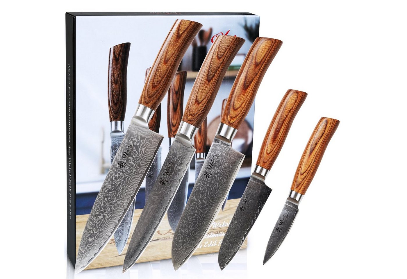 Wakoli Messer-Set Edib Pro 5er Damastmesser-Set I Holzbox I 8-20cm Klingen I Pakkaholz von Wakoli