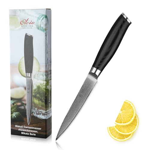 Wakoli Mikata Damast Allzweckmesser – 12 cm Klinge aus 67 Lagen VG10 Damaststahl, ergonomischer Micarta-Griff, scharfes Universalmesser für Fleisch, Fisch und Gemüse, in Geschenkbox von Wakoli