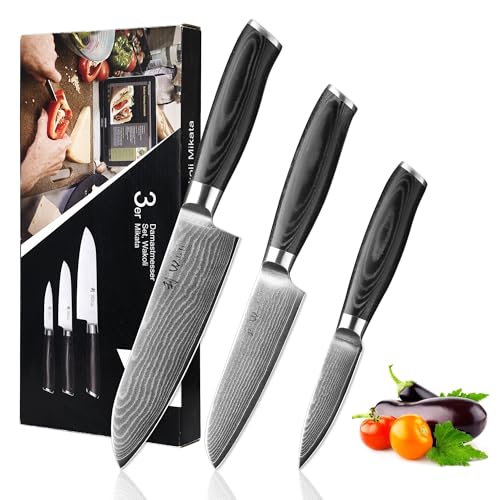 Wakoli Damastmesser Set, 3-teilig, 8-17 cm Klingen, 67 Lagen Damaststahl mit VG10-Kern, Ergonomischer Micarta-Griff, In edler Geschenkbox – Hochwertiges Profi Küchenmesser Set von Wakoli