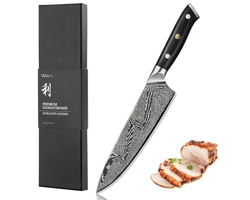 Wakoli Nitoko Damast Chefmesser 20 cm – 67 Lagen Damaststahl mit VG10-Kern, durchgehender Erl, G10-Griff, extrem scharfes Profi Küchenmesser, Geschenkbox von Wakoli