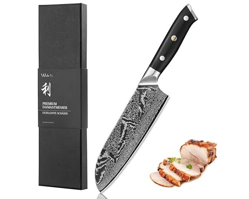 Wakoli Nitoko Santoku Messer I 18,0 cm Damaststahl (67 Lagen) mit VG10-Kern, 60 ± 2 HRC, G10-Griff, Full Tang I Damast Küchenmesser für saubere Druck- und Zugschnitte in Geschenkbox - Messer scharf Wakoli Nitoko Santoku Messer I 18,0 cm Damaststahl (67 Lagen) mit VG10-Kern, 60 ± 2 HRC, G10-Griff, Full Tang I Damast Küchenmesser für saubere Druck- und Zugschnitte in Geschenkbox - Messer scharf von Wakoli