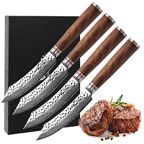 Wakoli Nussbaum Premium 4er Damast Steakmesser-Set mit 12,5 cm Klinge gefertigt aus 67 Lagen echtem Damaststahl mit Nussbaumholzgriff I Damastmesser Küchenmesser und Profi Kochmesser von Wakoli