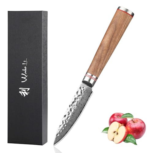 Wakoli Nussbaum Premium Officemesser mit 9 cm Klinge gefertigt aus 67 Lagen echtem Damaststahl mit Nussbaumholzgriff I Damastmesser Küchenmesser und Profi Kochmesser von Wakoli